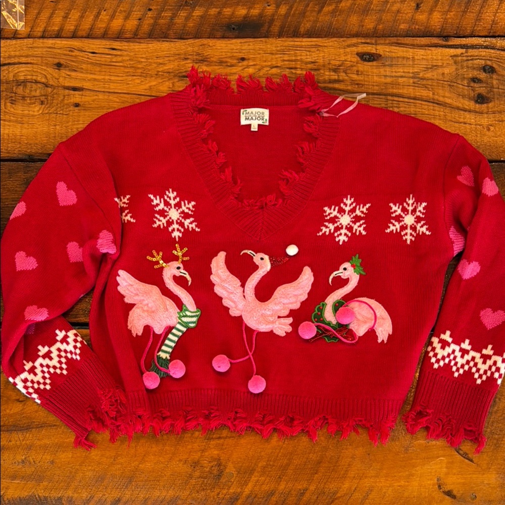 Christmas V-Neck crop Sweater with Pink flamingos Large